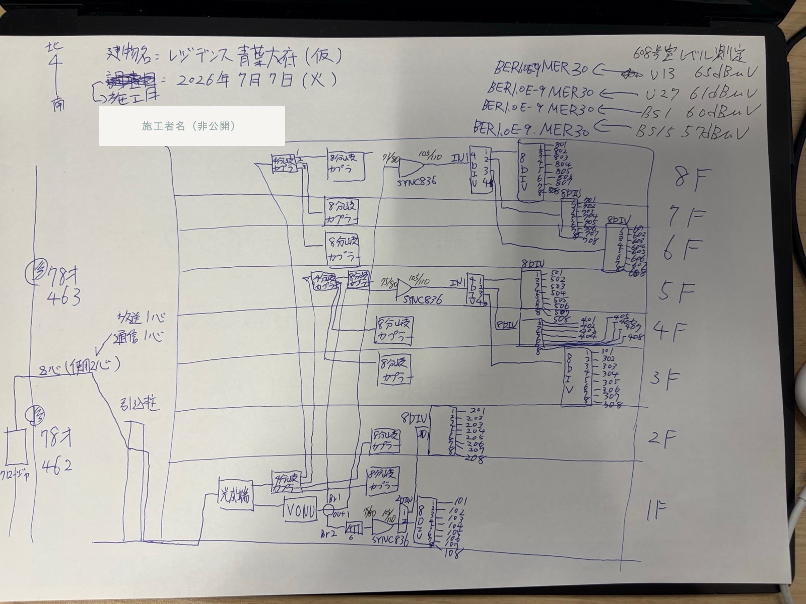 手描き系統図の下書き写真（8階建・全64戸の集合住宅サンプル）